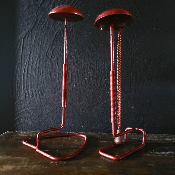 Pair of Vtg Red Metal Spring Hat Stands, 1940s Millinery Display, Hat Display